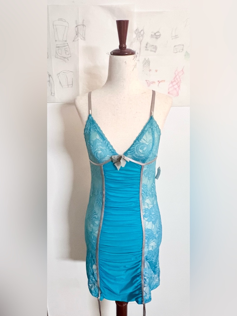 Frederick's of Hollywood Blue Lace Chemise garter belts brand new